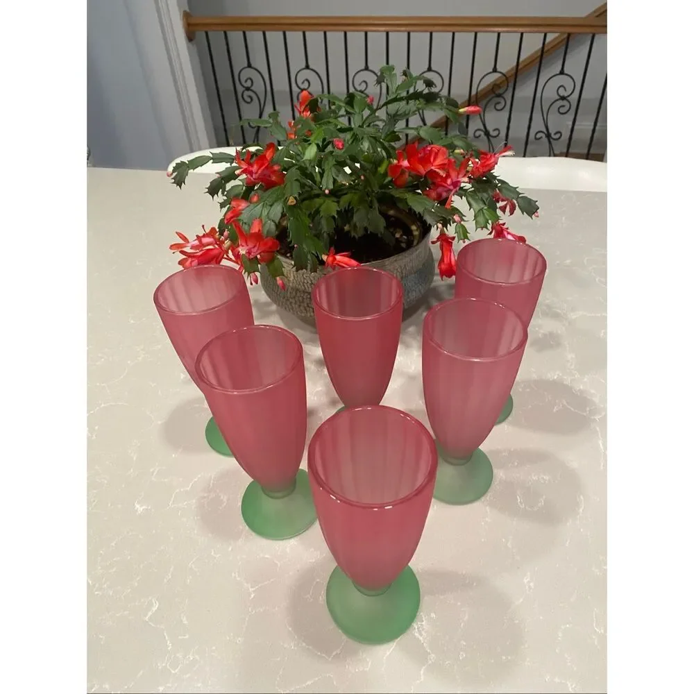 Vintage Libbey Ka-Dinks Parfait Glasses frosted pink bowl and green foot Set of